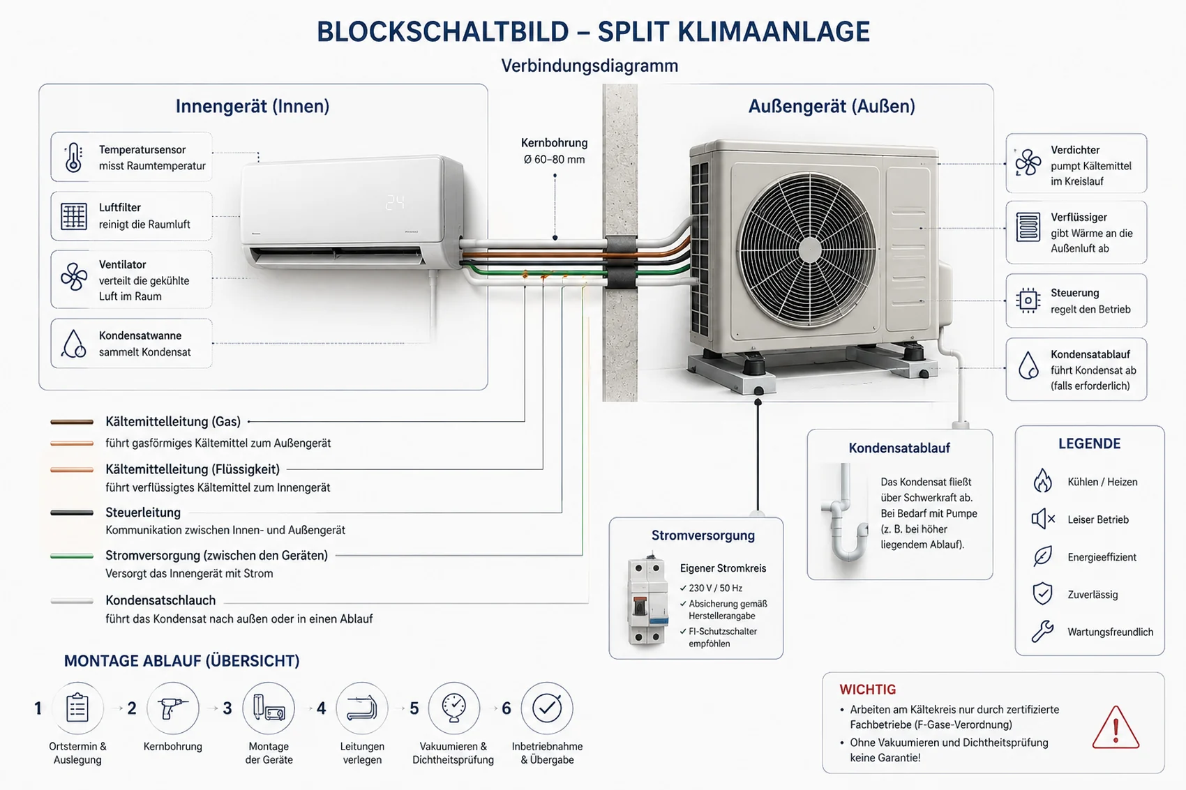 Blockschaltbild einer Split-Klimaanlage mit Innengerät, Außengerät, Kältemittelleitungen, Steuerleitung, Stromversorgung und Kondensatablauf