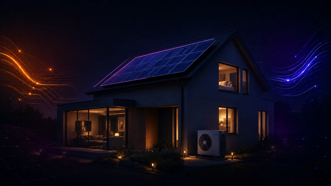 Einfamilienhaus bei Nacht mit Photovoltaik auf dem Dach und einer Wärmepumpe an der Fassade