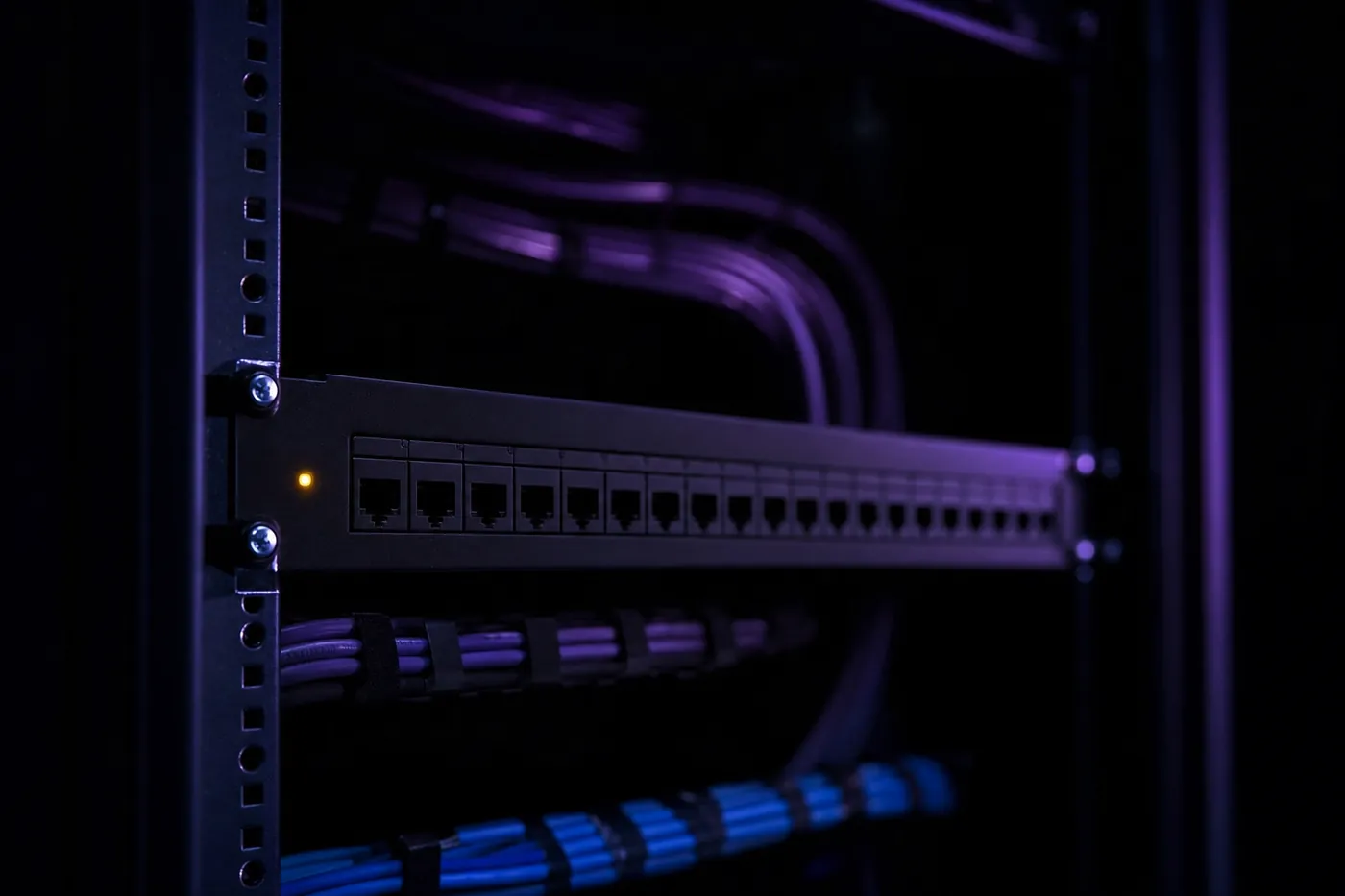 Patchfeld in einem dunklen Serverraum