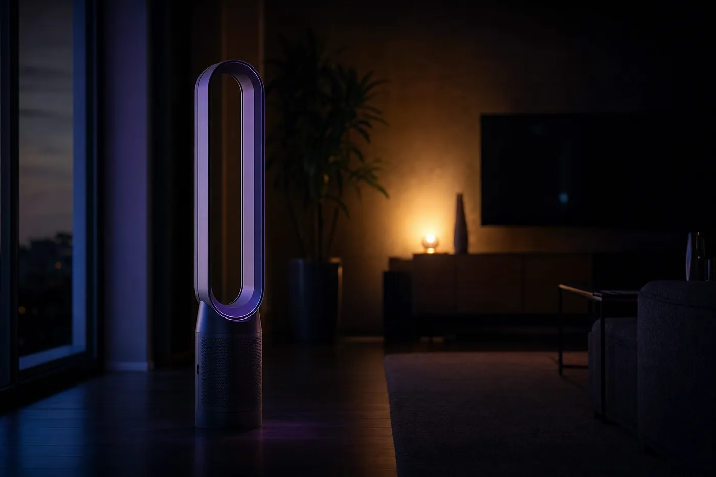 Blattloser Turmventilator mit offenem Ring in einem dunklen Wohnzimmer