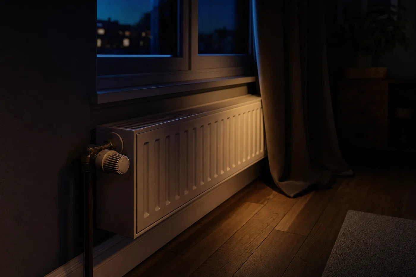 Heizkörper unter einem Fenster in einem dunklen Raum