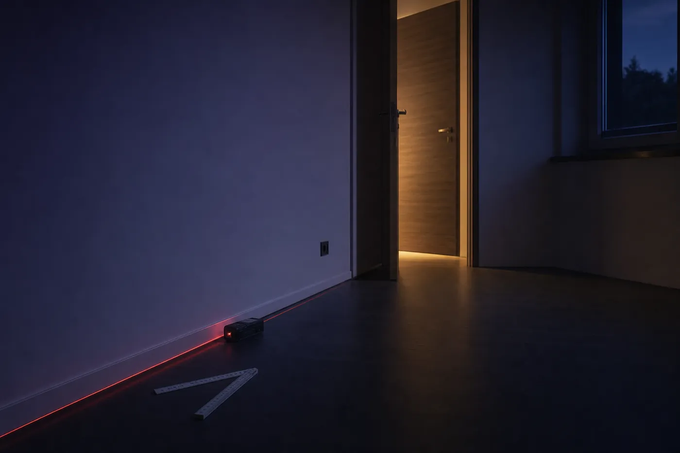 Leerer Raum bei Nacht, vermessen mit einem Laserentfernungsmesser