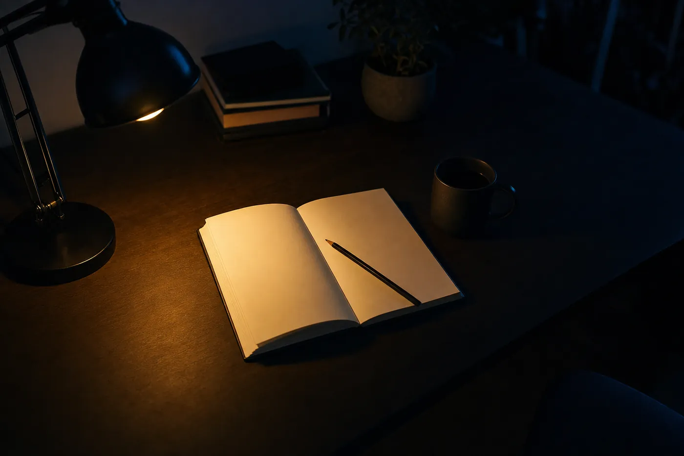 Aufgeschlagenes Notizbuch mit Stift auf einem dunklen Schreibtisch