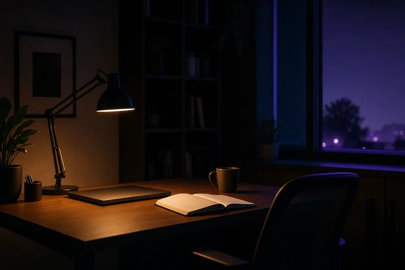 Ruhiger Arbeitsplatz bei Nacht mit Notizbuch und Lampe