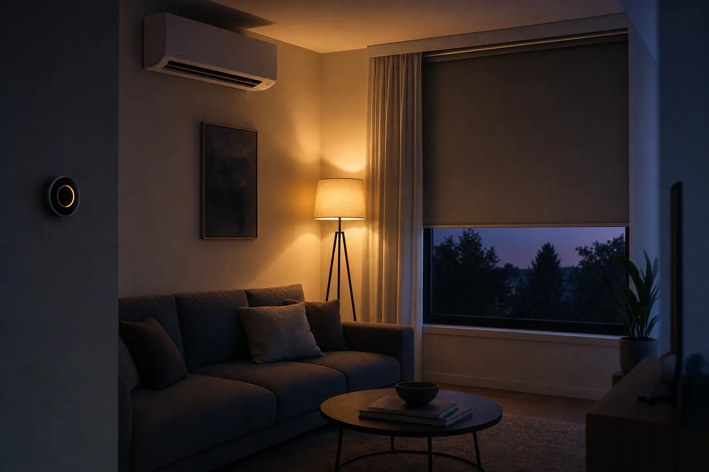 Rundes Wandthermostat mit Drehregler in einem dunklen Flur