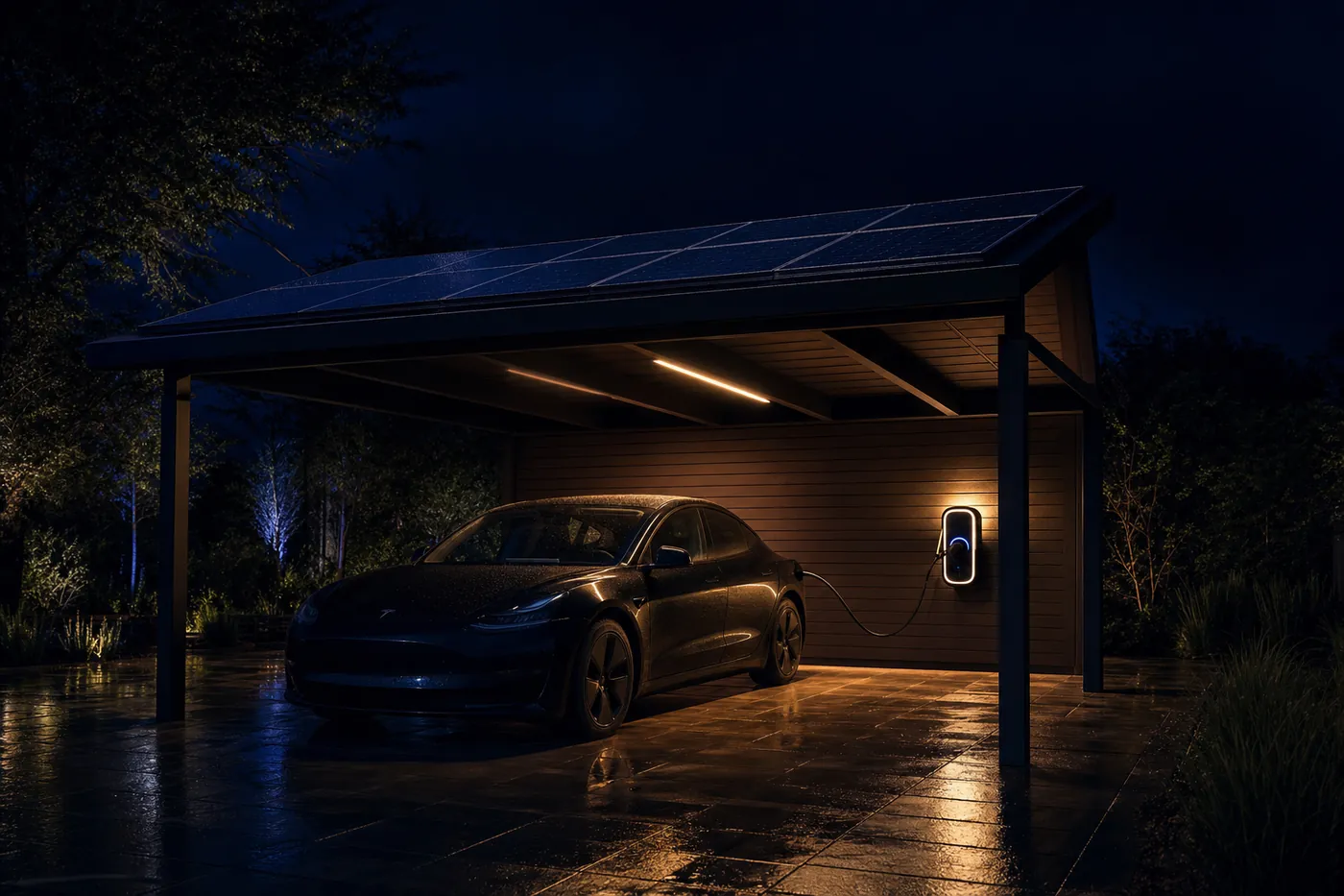 Carport mit Solardach bei Nacht, darunter ein ladendes Elektroauto