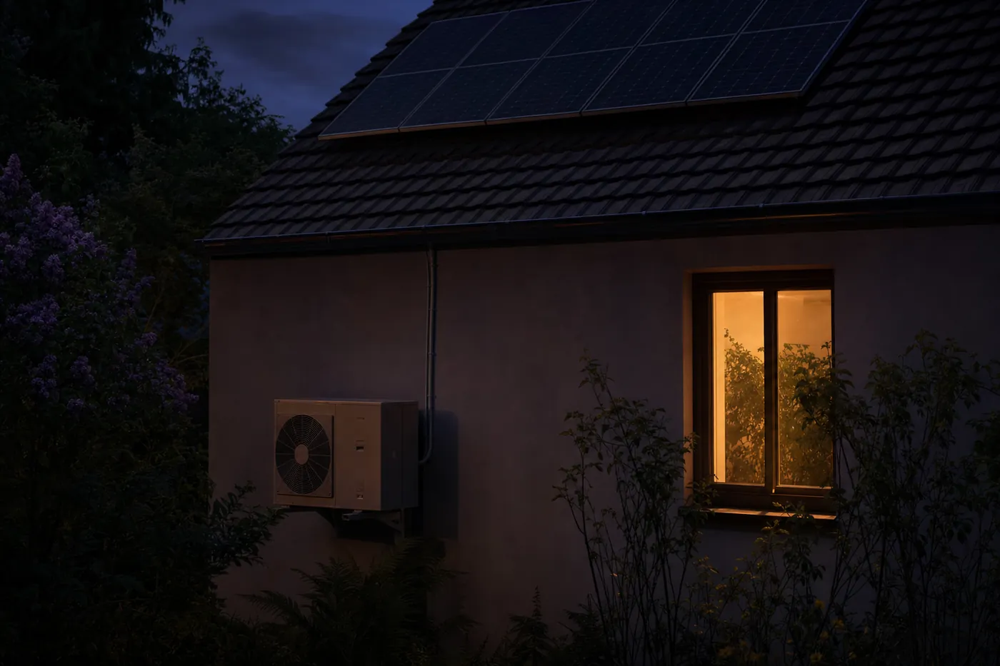Hausfassade mit Photovoltaikmodulen auf dem Dach und Klimaanlagen-Außengerät an der Wand