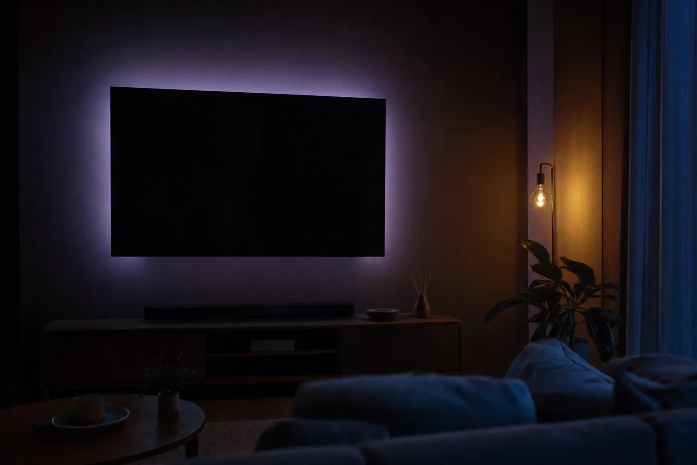 Ausgeschalteter Fernseher an einer dunklen Wohnzimmerwand bei Nacht