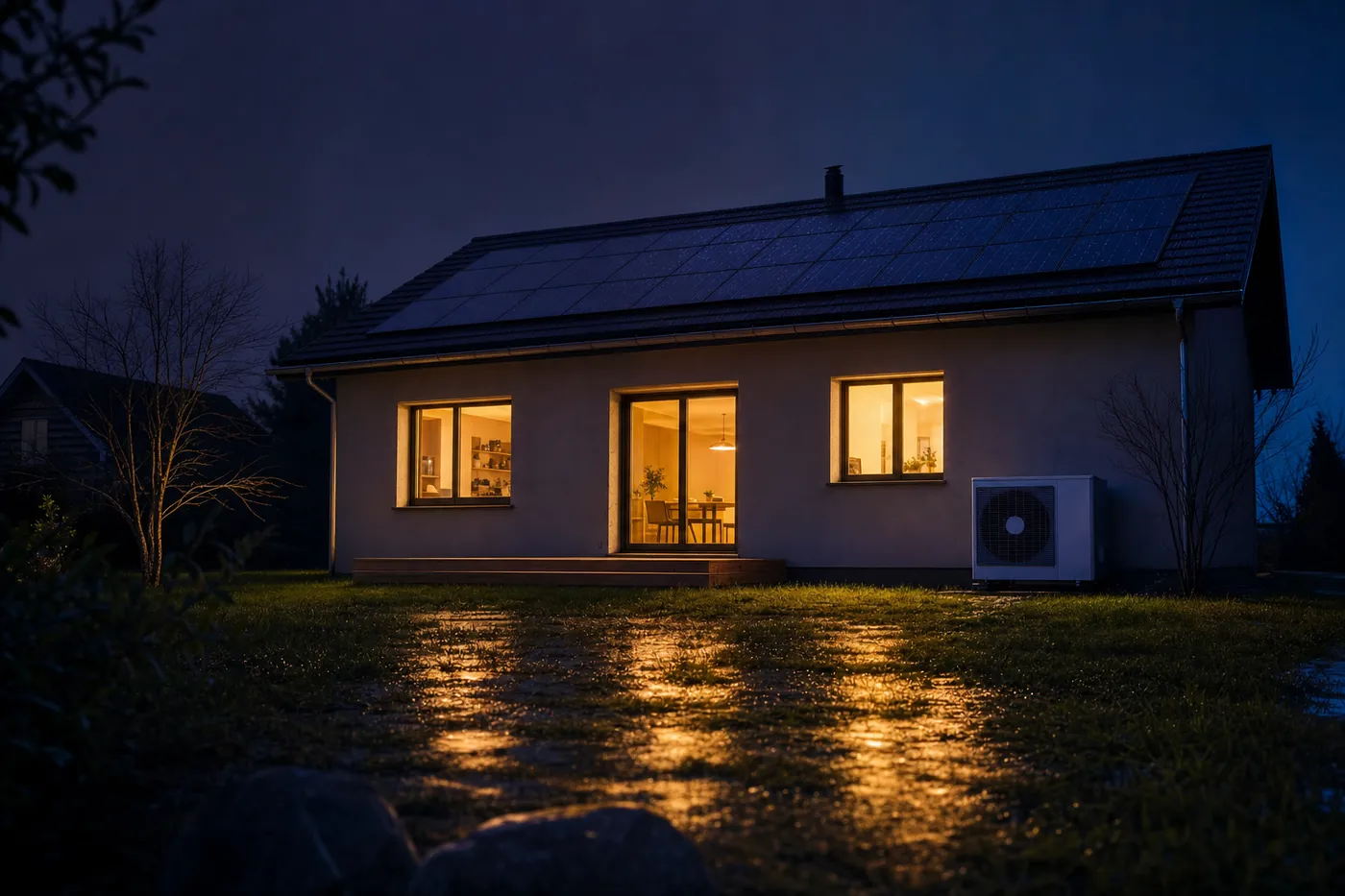 Haus bei Nacht mit Photovoltaik auf dem Dach und einer Wärmepumpe an der Fassade