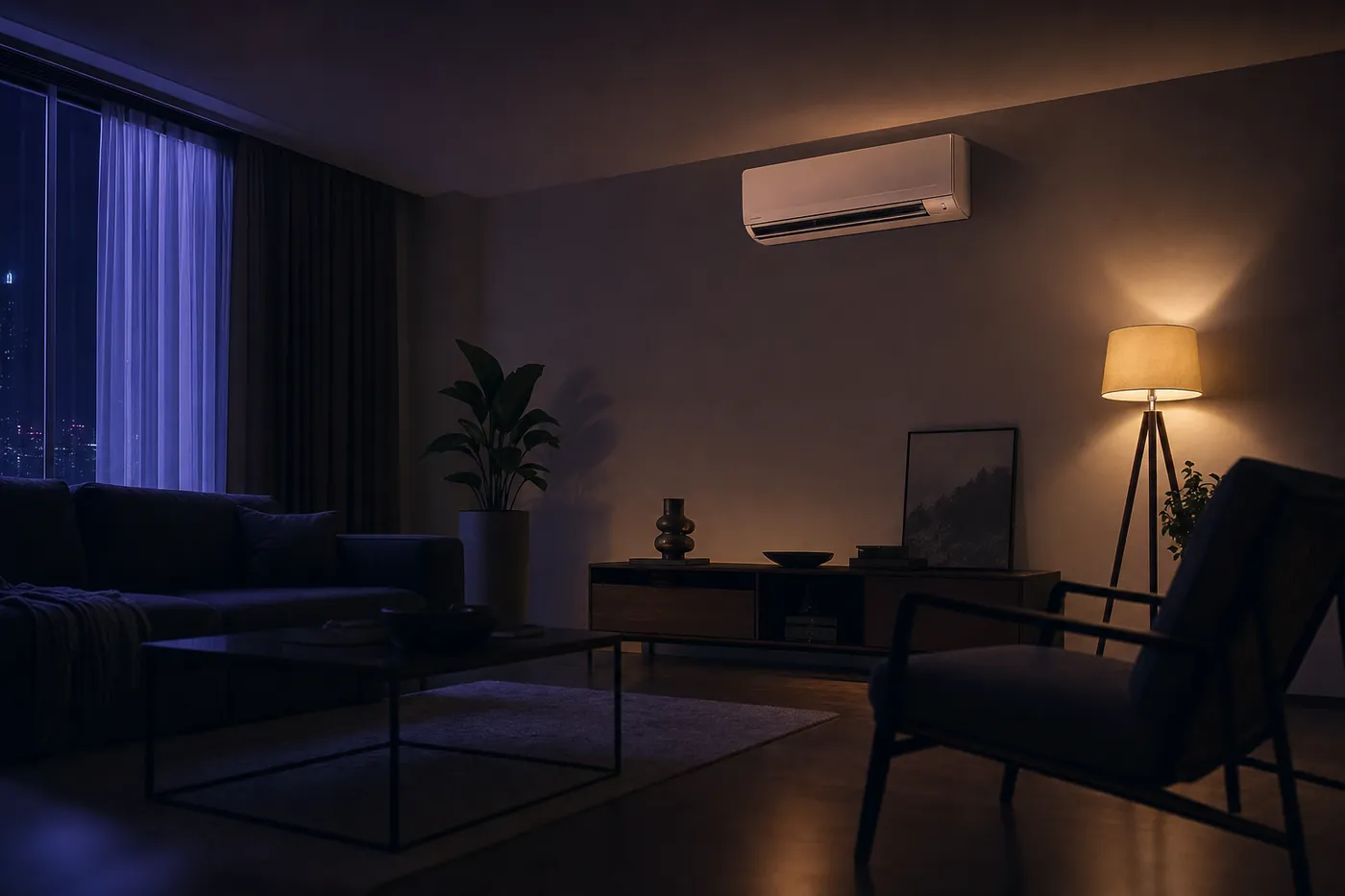 Split-Innengerät in einem abendlich beleuchteten Wohnraum