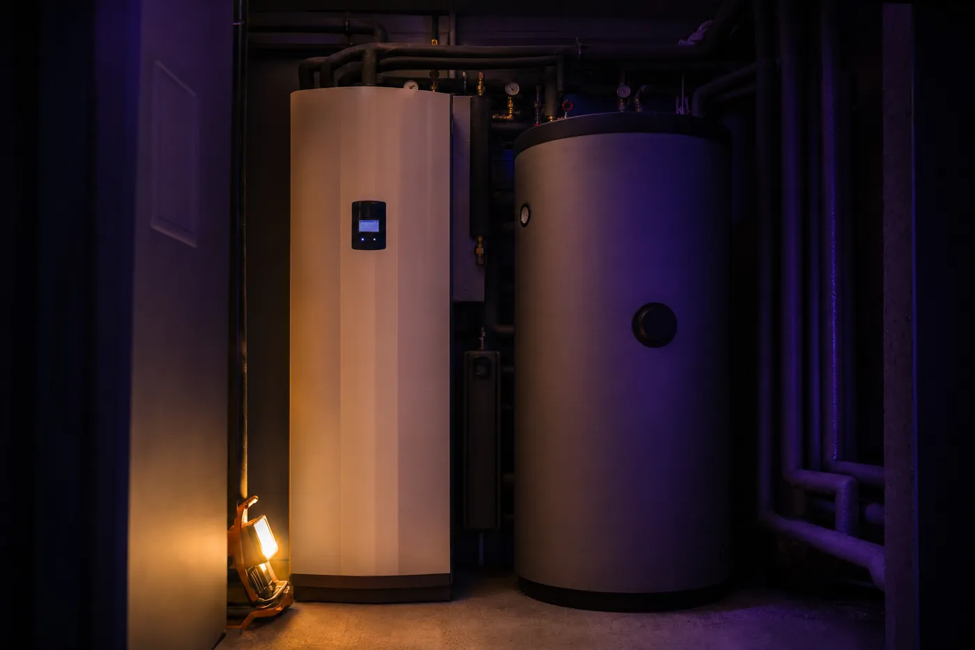 Innenaufstellung einer Wärmepumpe mit Pufferspeicher in einem dunklen Technikraum
