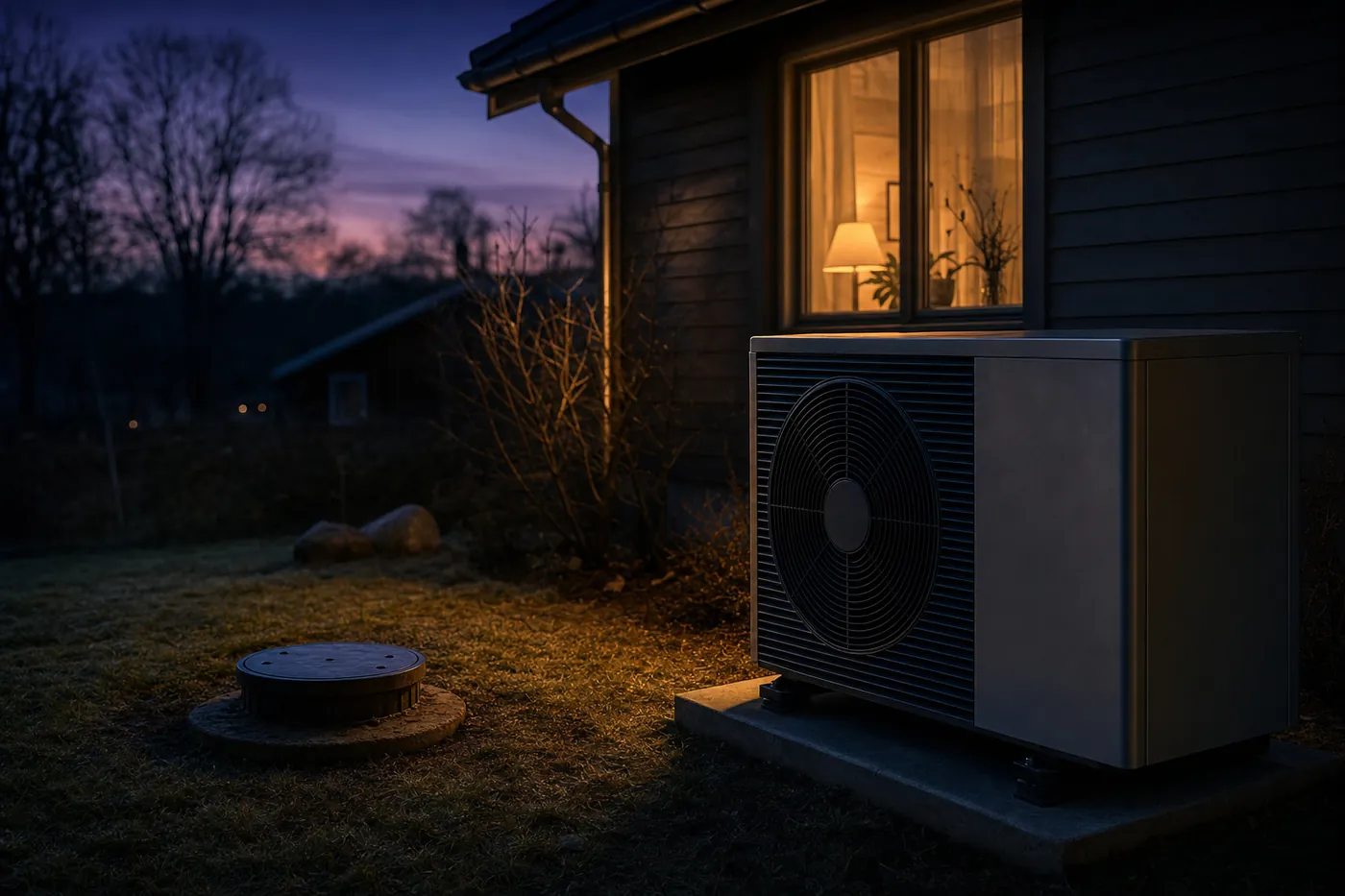 Aussengerät einer Luft-Wärmepumpe neben einem Sondenkopf im Rasen